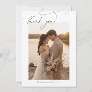Chic Hand Lettered 2 Photo Wedding Thank You Card