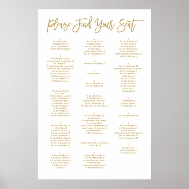 Chic Hand Lettered Alphabetical Seating Chart (Front)