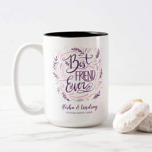 Chic Hand Lettered Best Friend Ever Personalised Two-Tone Coffee Mug (With Donut)