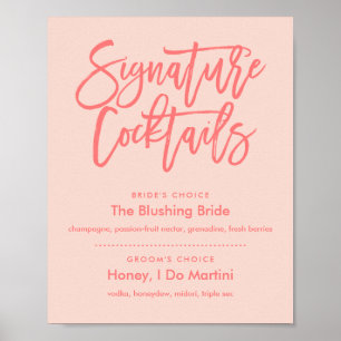 Chic Hand Lettered Coral Signature Cocktails Menu Poster