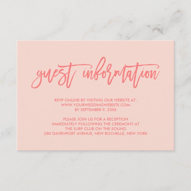 Chic Hand Lettered Coral Wedding Guest Information Enclosure Card (Front)