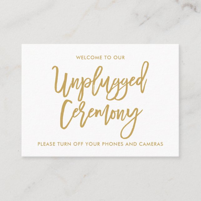 Chic Hand Lettered Gold Unplugged Ceremony Business Card (Front)