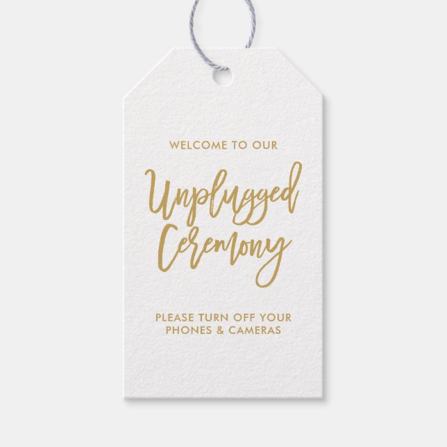 Chic Hand Lettered Gold Unplugged Ceremony Tag (Front)