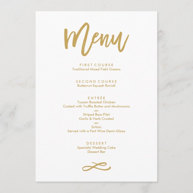 Chic Hand Lettered Gold Wedding Menu (Front)