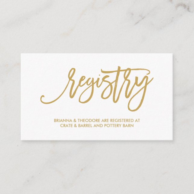 Chic Hand Lettered Gold Wedding Registry Card (Front)