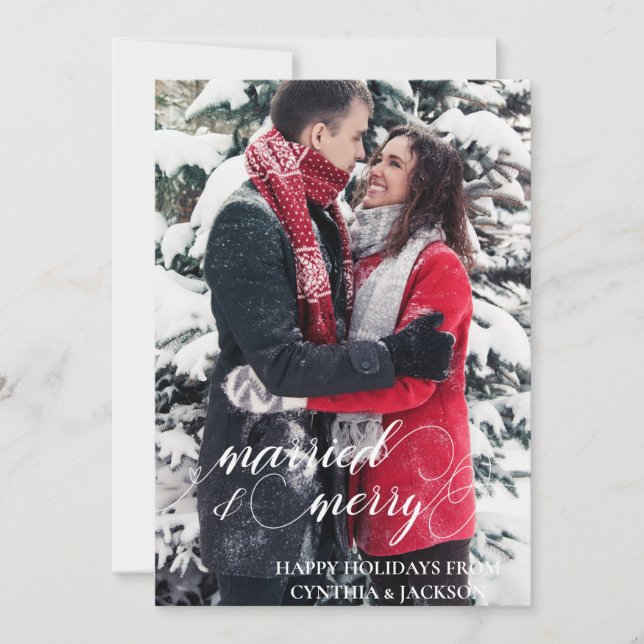 Chic Hand Lettered Married Merry Photo Holiday Card (Front)