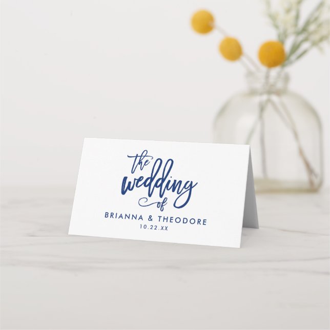Chic Hand Lettered Navy Wedding Folded Escort Card (Back)