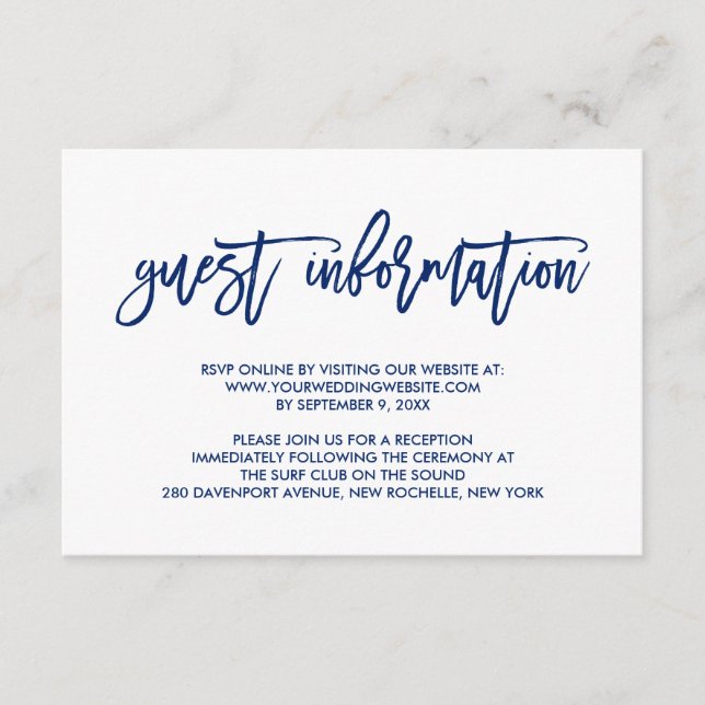 Chic Hand Lettered Navy Wedding Guest Information Enclosure Card (Front)