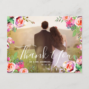 Chic Hand Lettered Photo Floral Wedding Thank You Postcard