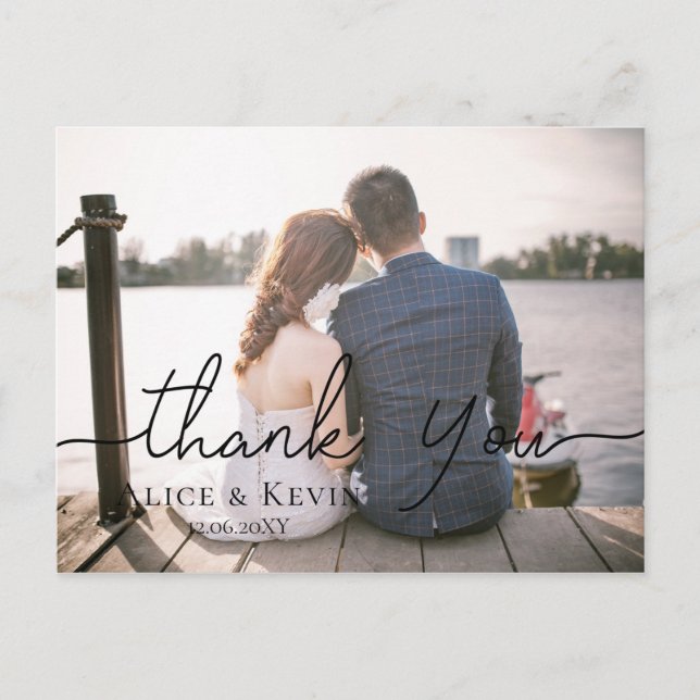 Chic Hand Lettered Photo Wedding Thank You Card (Front)