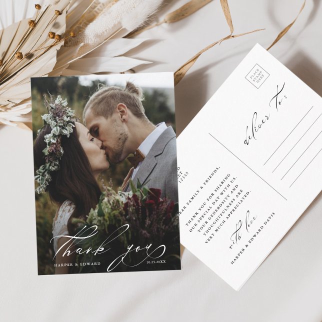 Chic Hand Lettered Photo Wedding Thank You Postcard (Creator Uploaded)