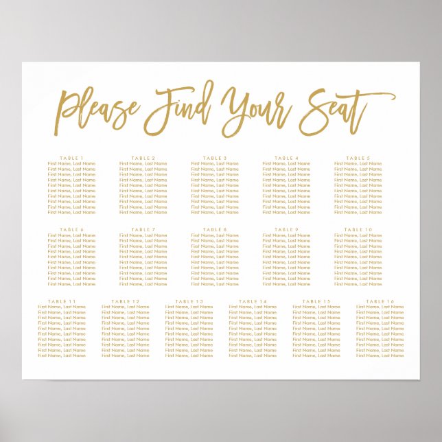 Chic Hand Lettered Seating Chart Gold 16 tables (Front)