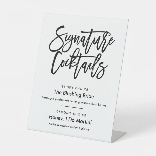 Chic Hand Lettered Signature Cocktails Menu Black Pedestal Sign (Front)