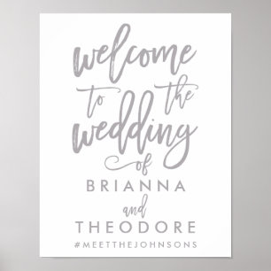 Chic Hand Lettered Silver Wedding Welcome Sign