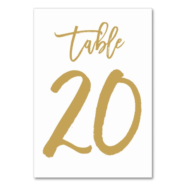 Chic Hand Lettered Table Number Gold | Table 20 (Front)