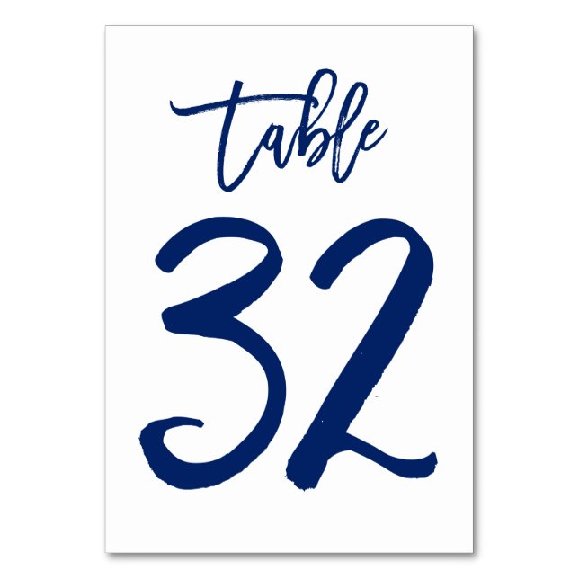 Chic Hand Lettered Table Number Navy | Table 32 (Front)