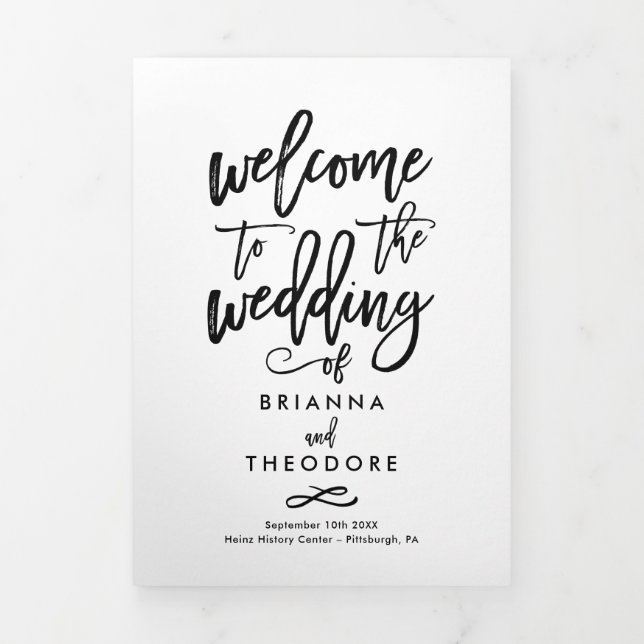Chic Hand-Lettered Wedding Ceremony Photo Program Tri-Fold Programme (Cover)