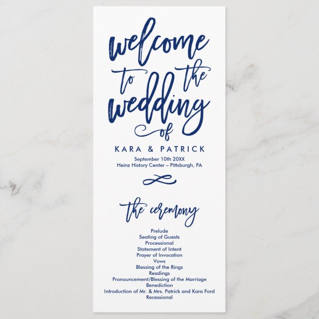 Chic Hand Lettered Wedding Ceremony Program Navy Programme (Front)