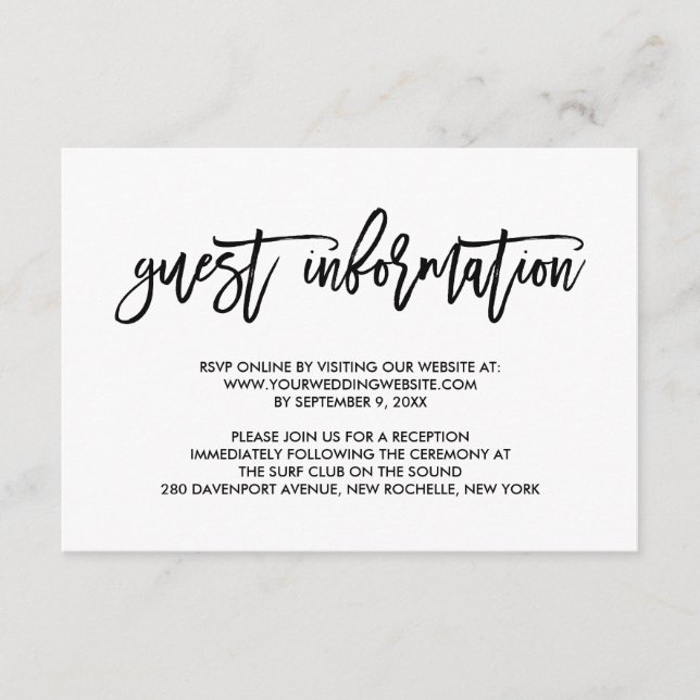 Chic Hand Lettered Wedding Guest Information Enclosure Card (Front)