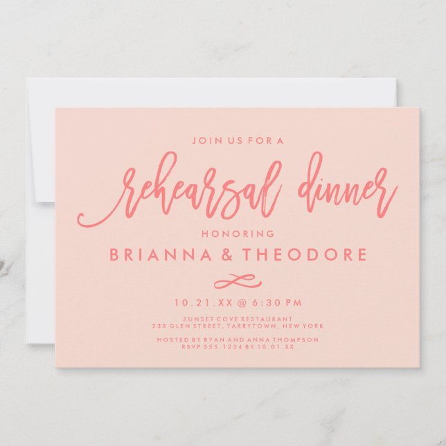 Chic Hand Lettered Wedding Rehearsal Dinner Coral Invitation (Front)
