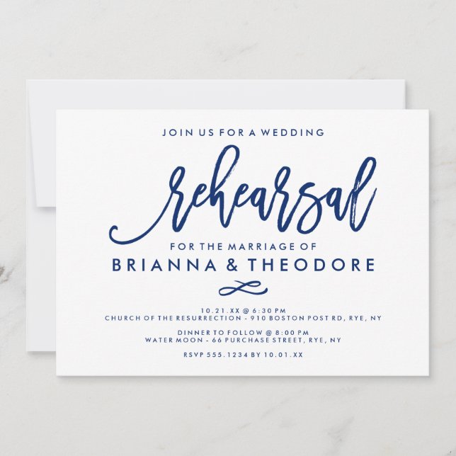 Chic Hand Lettered Wedding Rehearsal Navy Invitation (Front)