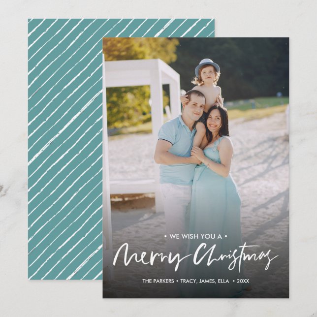 Chic handwritten merry christmas  photo | AQUA Invitation (Front/Back)