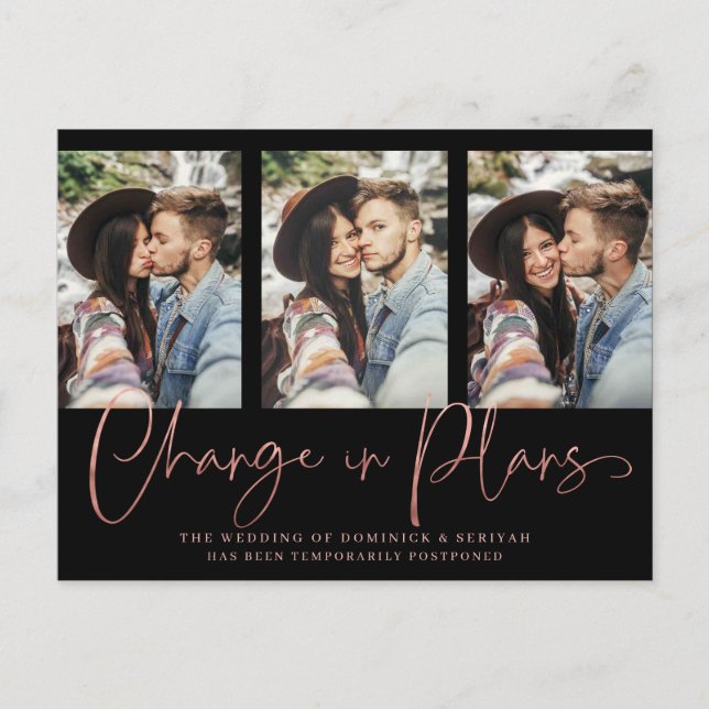 Chic Handwritten Rose Gold Wedding Postponement Postcard (Front)