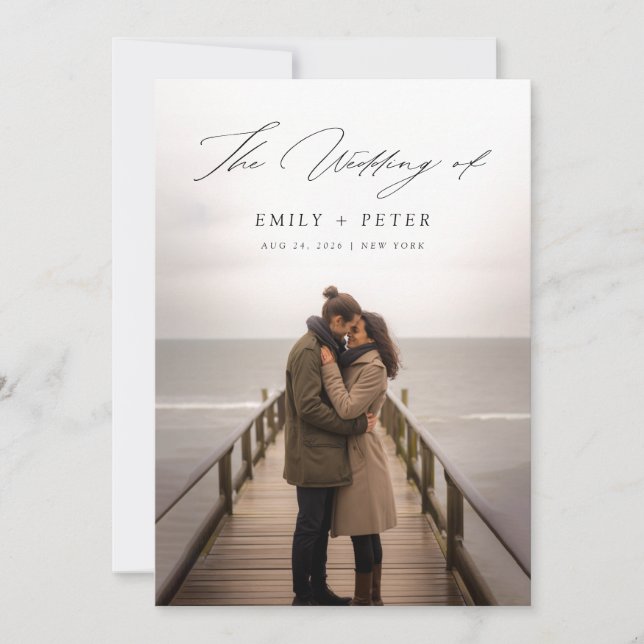 Chic Handwritten Script Double Sided Photo Wedding Invitation (Front)