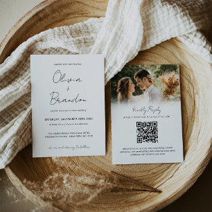 Chic Handwritten Script QR Code Photo Wedding Invitation