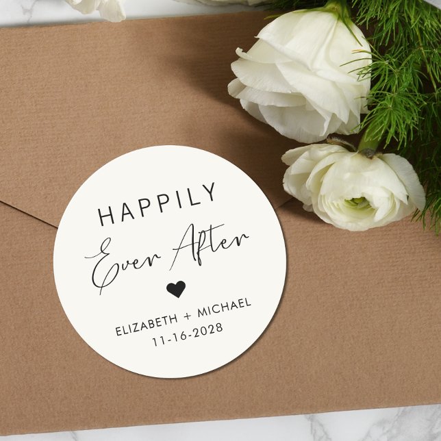 Chic Happily Ever After Cream Wedding Classic Round Sticker (Creator Uploaded)