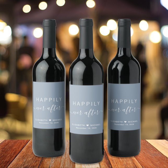 Chic Happily Ever After Dusty Blue Wedding Wine Label (Creator Uploaded)