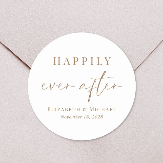 Chic Happily Ever After Gold Script Wedding Classic Round Sticker (Creator Uploaded)