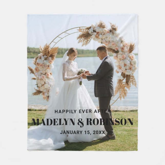 Chic Happily Ever After Photo Wedding Personalised Fleece Blanket (Front)