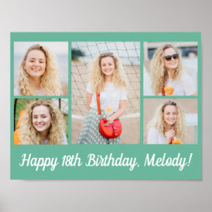 Chic Happy Birthday Photo Collage Seafoam Green Poster