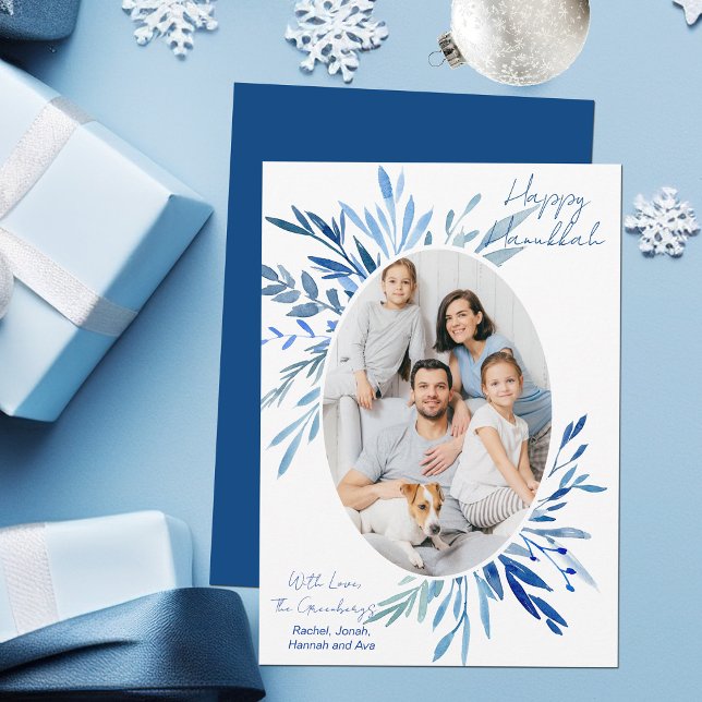 Chic Happy Hanukkah Blue Botanical Family Photo Holiday Card (Creator Uploaded)