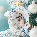 Chic Happy Hanukkah Family Photo Blue Ceramic Tree Decoration<br><div class="desc">Beautiful blue watercolor botanical leaves spring out of your vertical Jewish family photograph for a Happy Hanukkah ornament. Personalise this chic Chanukah photo gift for the holidays.</div>