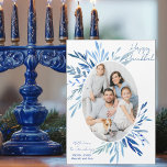 Chic Happy Hanukkah Family Photo Blue Magnet Card<br><div class="desc">Beautiful blue watercolor botanical leaves spring out of your vertical Jewish family photograph for a Happy Hanukkah magnet. Personalise this chic Chanukah photo magnetic card.</div>