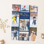 Chic Happy Hanukkah Family Photo Collage Blue Gold Holiday Card<br><div class="desc">Chic customisable Jewish family photo collage Hanukkah card with a collection of winter photos. Add 9 of your favourite Chanukah memories on this modern 9 photograph layout around a menorah and gold script. Happy Hanukkah.</div>