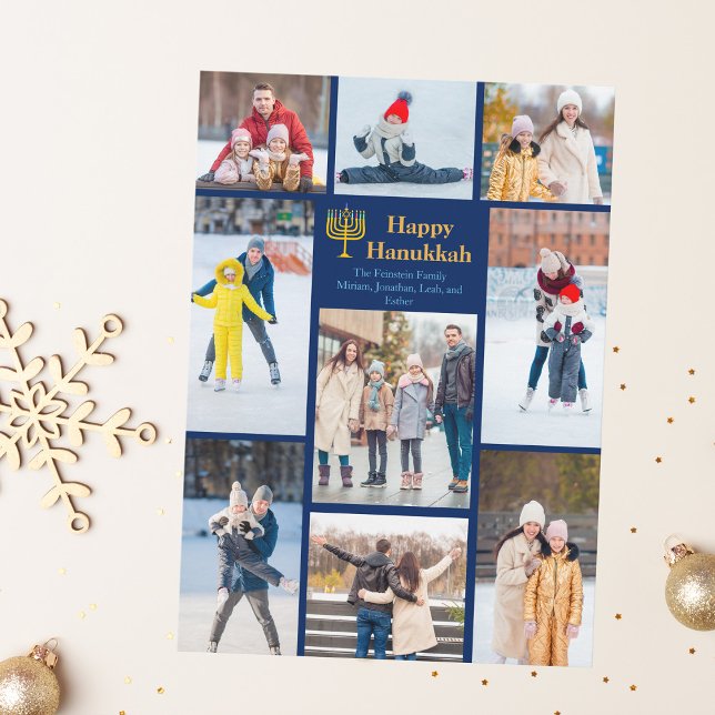 Chic Happy Hanukkah Family Photo Collage Blue Gold Holiday Card (Creator Uploaded)