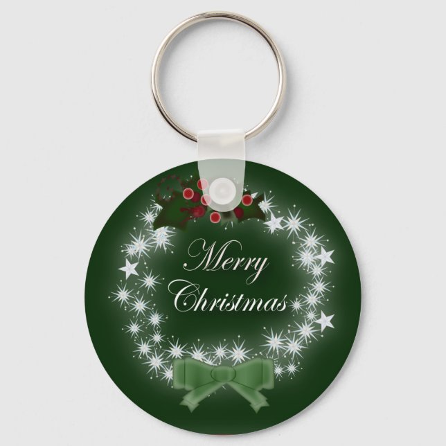 Chic Happy Holiday modern christmas wreath Key Ring (Front)