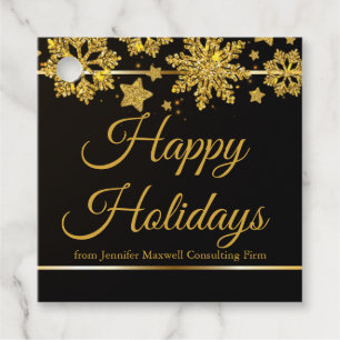 Chic Happy Holidays Black Gold Snowflake Custom Favour Tags