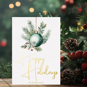 Chic Happy Holidays Green Christmas Ornament Gold Foil Holiday Card