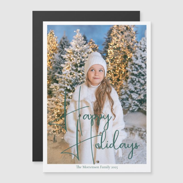 Chic Happy Holidays Green Script Photo Magnet Card (Front/Back)