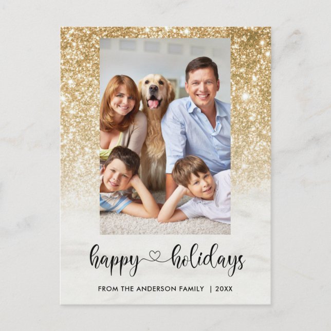 Chic Happy Holidays Photo Gold Glitter Marble Holiday Postcard (Front)