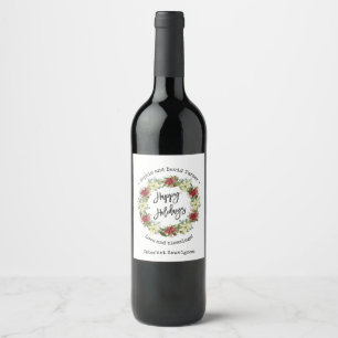 Chic Happy Holidays Script Poinsettia Monogram Wine Label