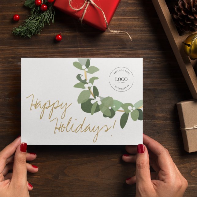 Chic Happy Holidays Your Logo Here Modern Wreath Holiday Card (Creator Uploaded)