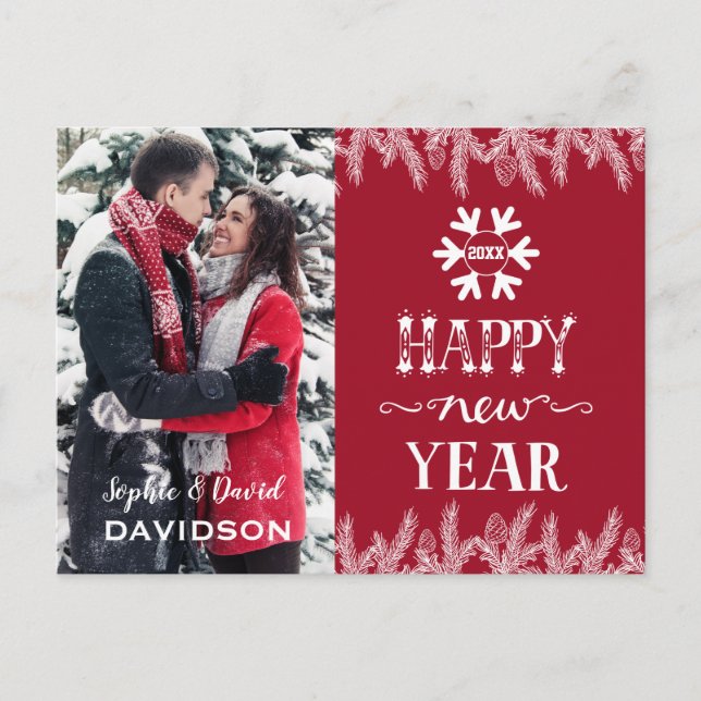 Chic Happy New Year Typography White Pine Photo Invitation Postcard (Front)