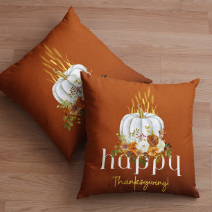 Chic Happy Thanksgiving Fall Floral Pumpkin Brown Cushion