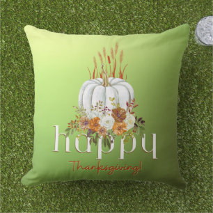 Chic Happy Thanksgiving Pumpkin Fall Floral Green  Cushion