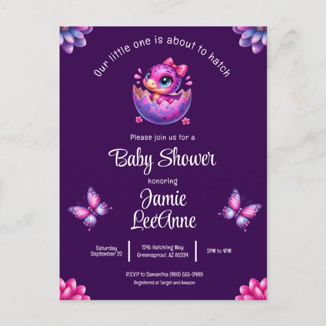 Chic Hatching Soon Purple Dinosaur Baby Shower Postcard (Front)